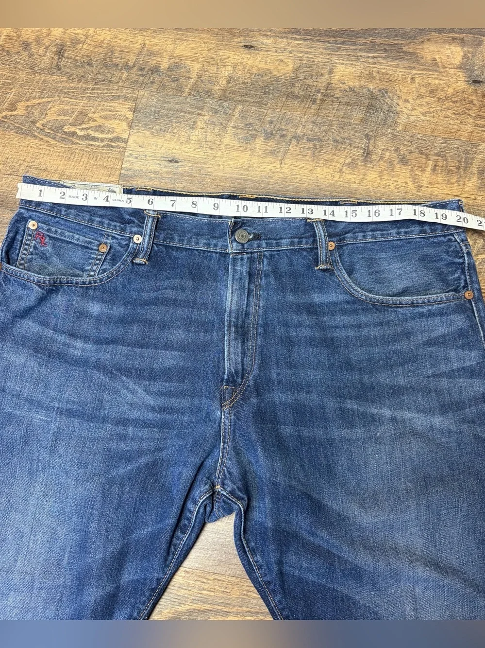 Polo Ralph Lauren Hampton Straight Jeans Men 38x30 Blue Denim Whiskered Distress